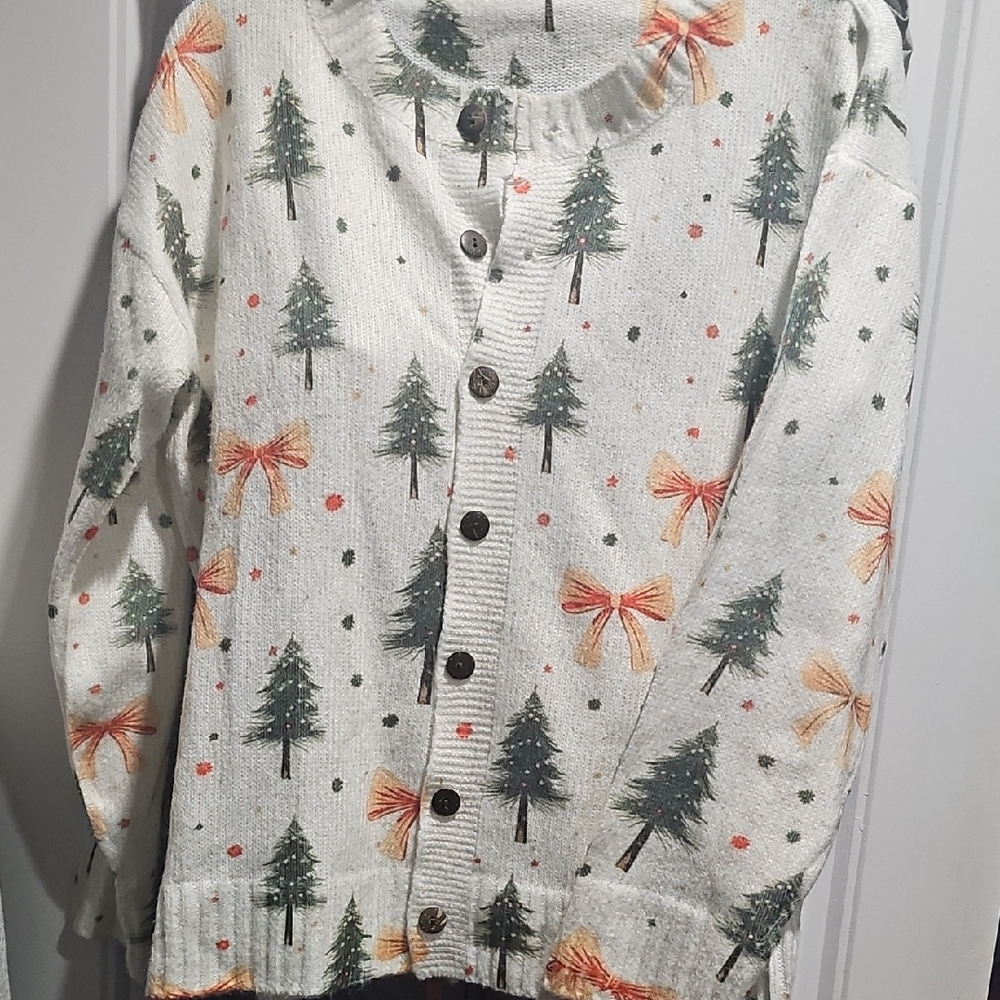 SHEIN Festive Tree Print Cardigan -‎ Cream and Green